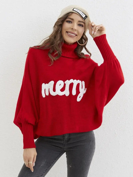 VogeLuxe | Dames Merry Lettered Turtleneck Ballonmouw Trui 0