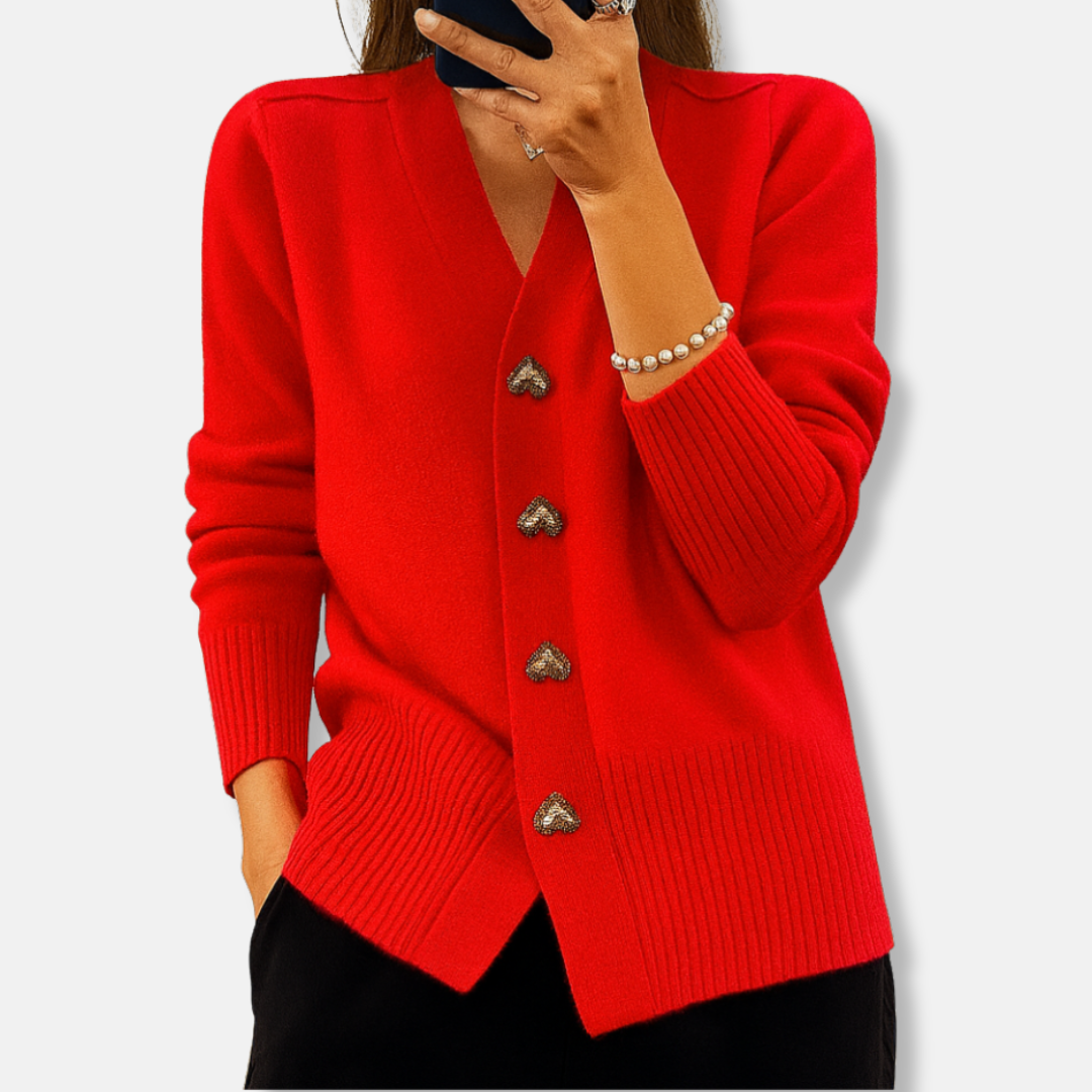 VogeLuxe | Warme V-halscardigan met hartvormige knoopjes voor dames 0