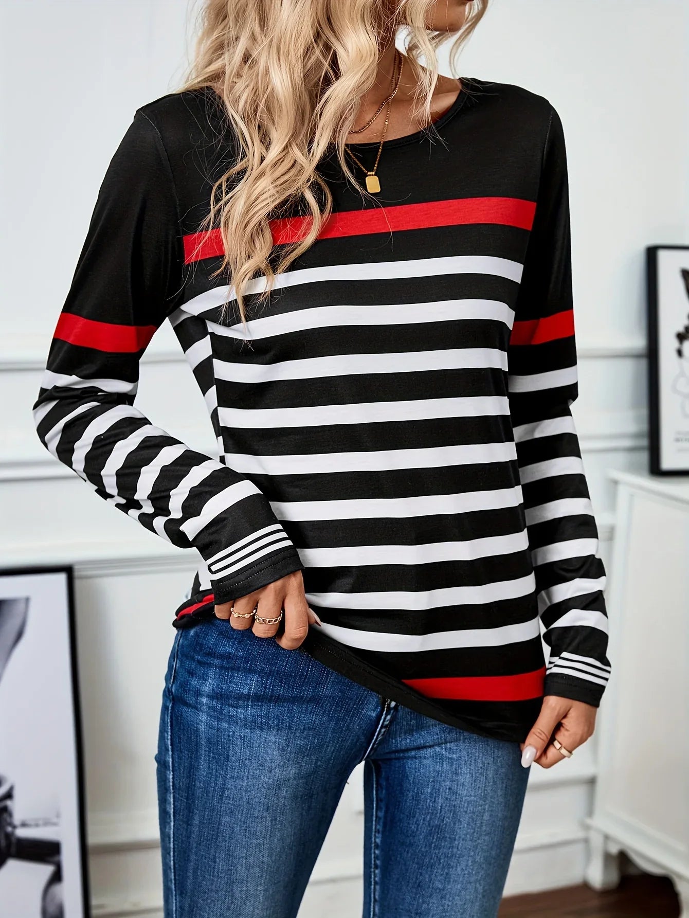 Gestreept T-shirt met Contrastkleuren voor Vrouwen