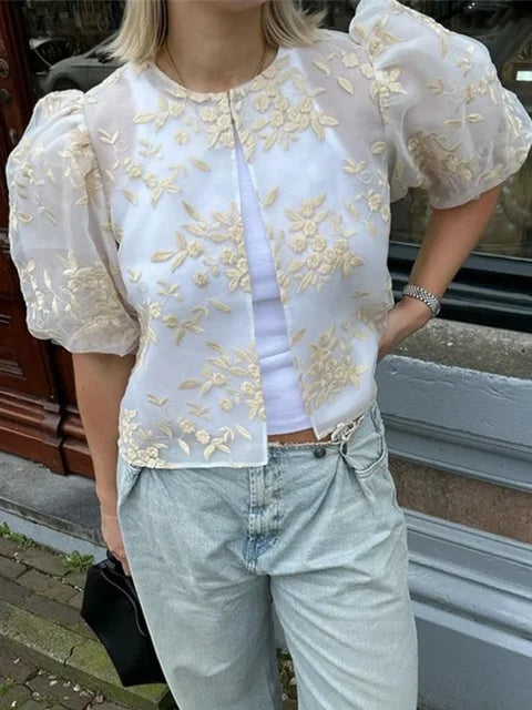 Vrouwelijke Transparante Kant en Mesh Blouse