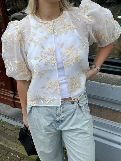 Vrouwelijke Transparante Kant en Mesh Blouse