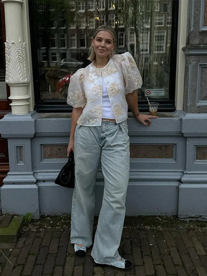 Vrouwelijke Transparante Kant en Mesh Blouse