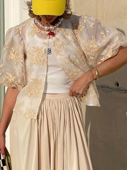 Vrouwelijke Transparante Kant en Mesh Blouse