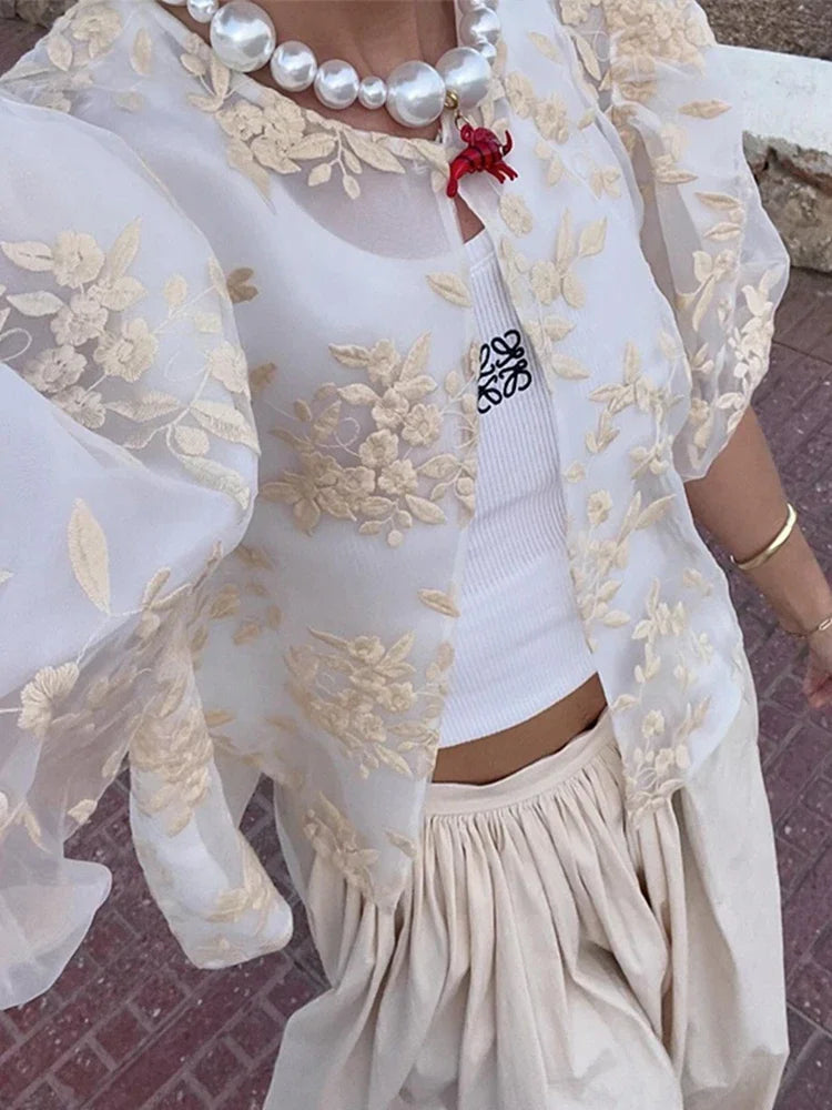 Vrouwelijke Transparante Kant en Mesh Blouse
