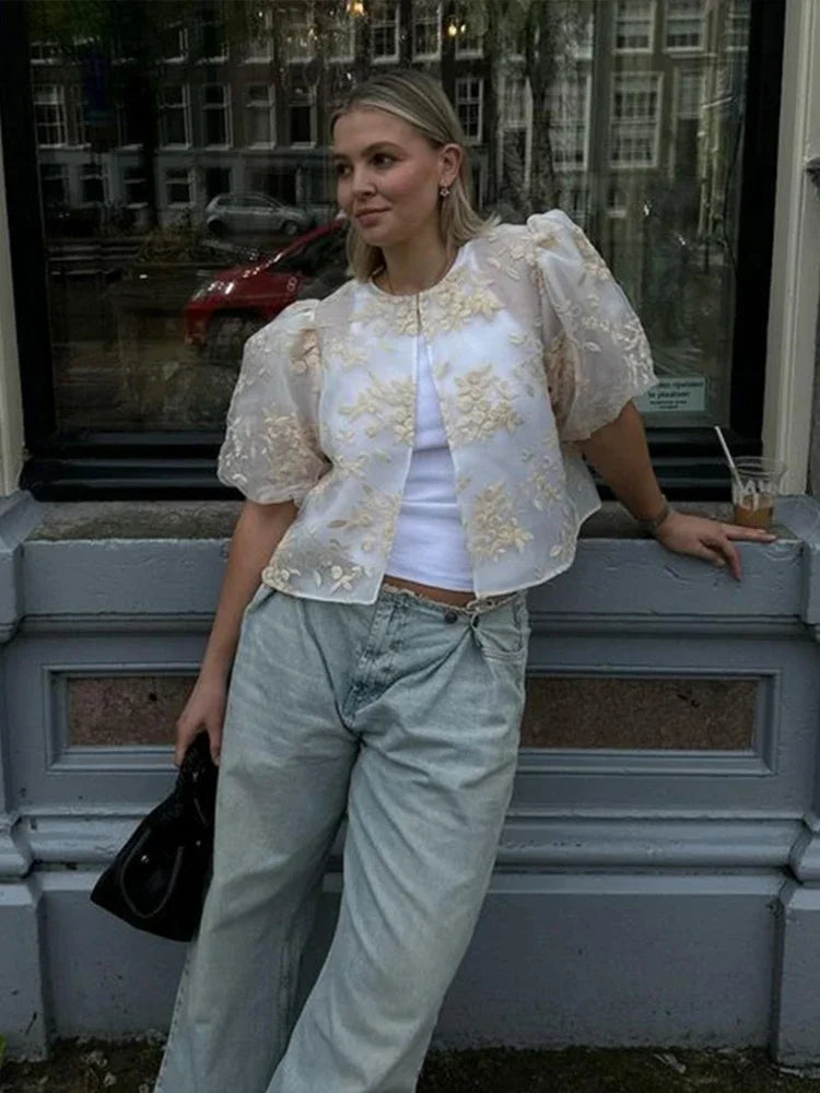 Vrouwelijke Transparante Kant en Mesh Blouse