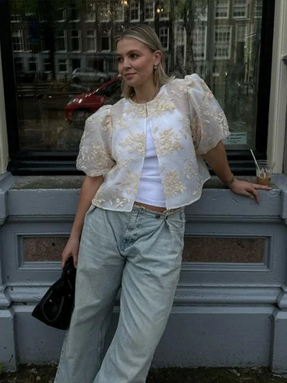 Vrouwelijke Transparante Kant en Mesh Blouse