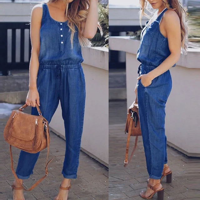 Daisy Denim Jumpsuit met Strappy Button Rompers