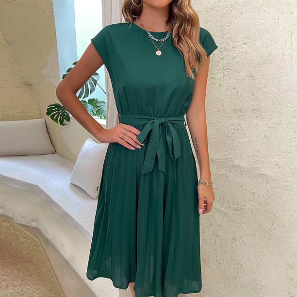 Vrouwen Elegante Flatterende Korte Mouwen Riem Midi Zomerjurk - Nora