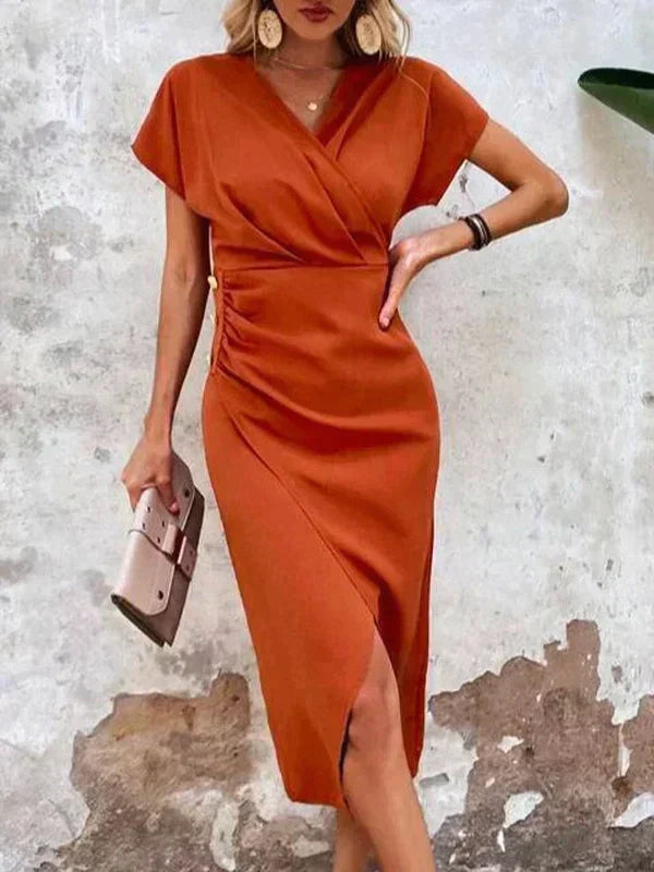 Vrouwelijke Zomerjurk Midi Luxe Satijn Elegante V Hals Korte Mouwen - Mode Vibes