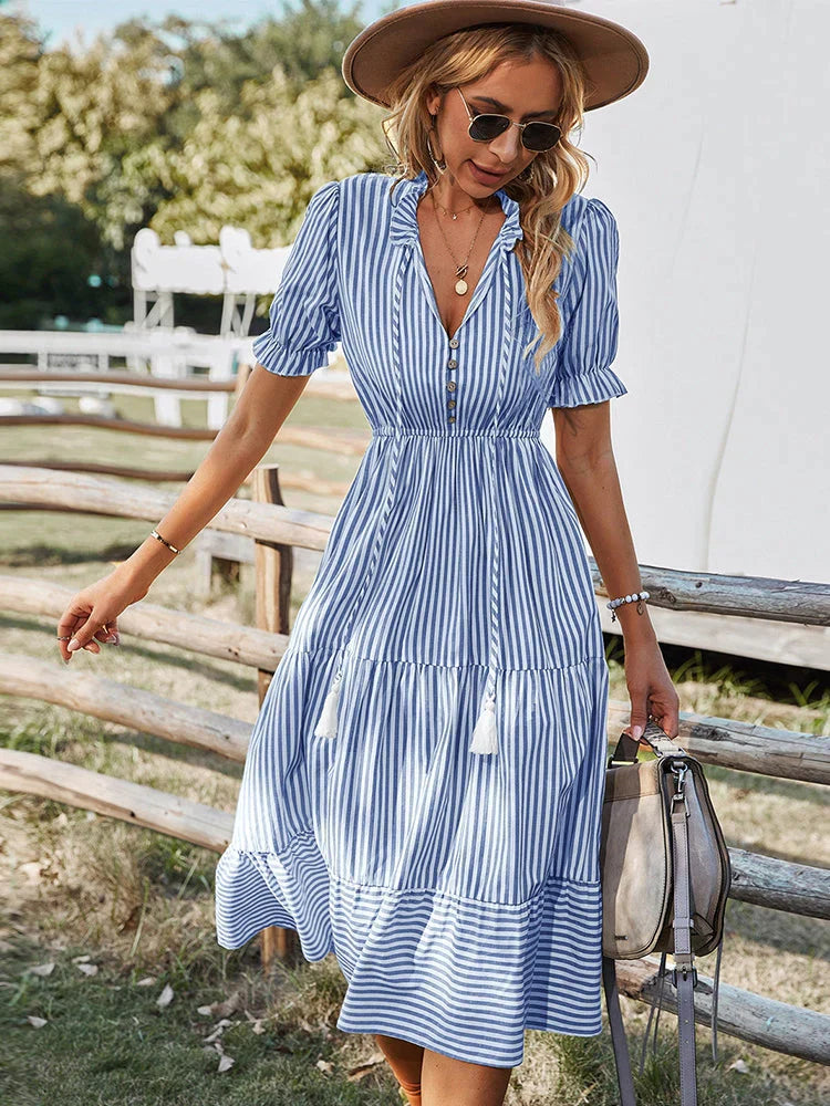 Vrouwen Zomerjurk Korte Mouwen Gestreept Midi Jurk met Knoop - Mode Vibes