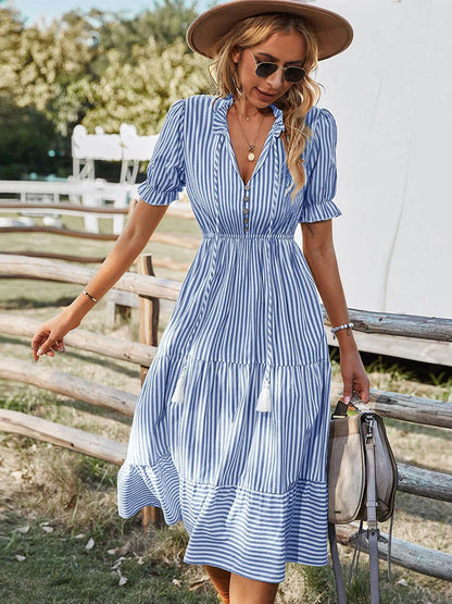 Vrouwen Zomerjurk Korte Mouwen Gestreept Midi Jurk met Knoop - Mode Vibes