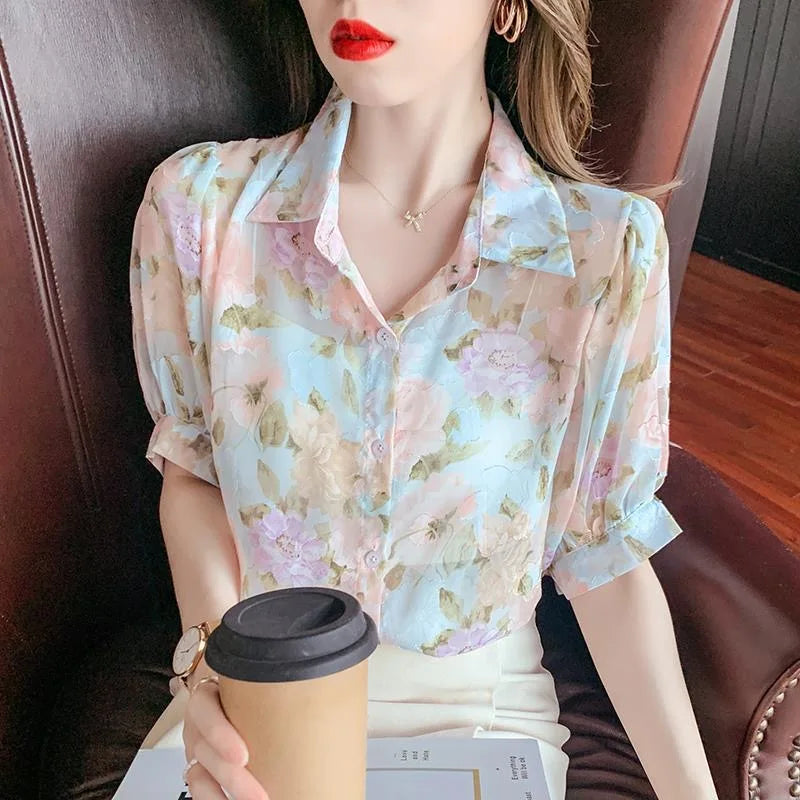 Zomerse Chiffon Blouse met Korte Mouwen