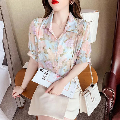 Zomerse Chiffon Blouse met Korte Mouwen