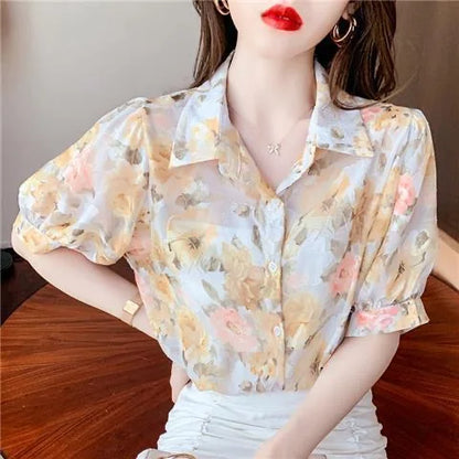 Zomerse Chiffon Blouse met Korte Mouwen