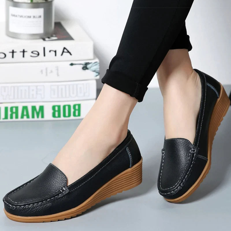 Lexi Dames Schoenen: Nieuwe Lederen Platte Schoenen met Wigvormige Hakken