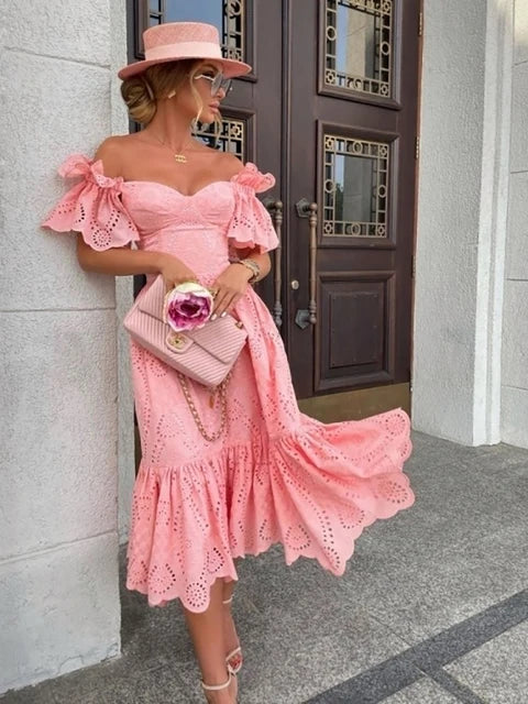 Saphira Vrouwen Sexy Off Shoulder Kant Lange Jurk