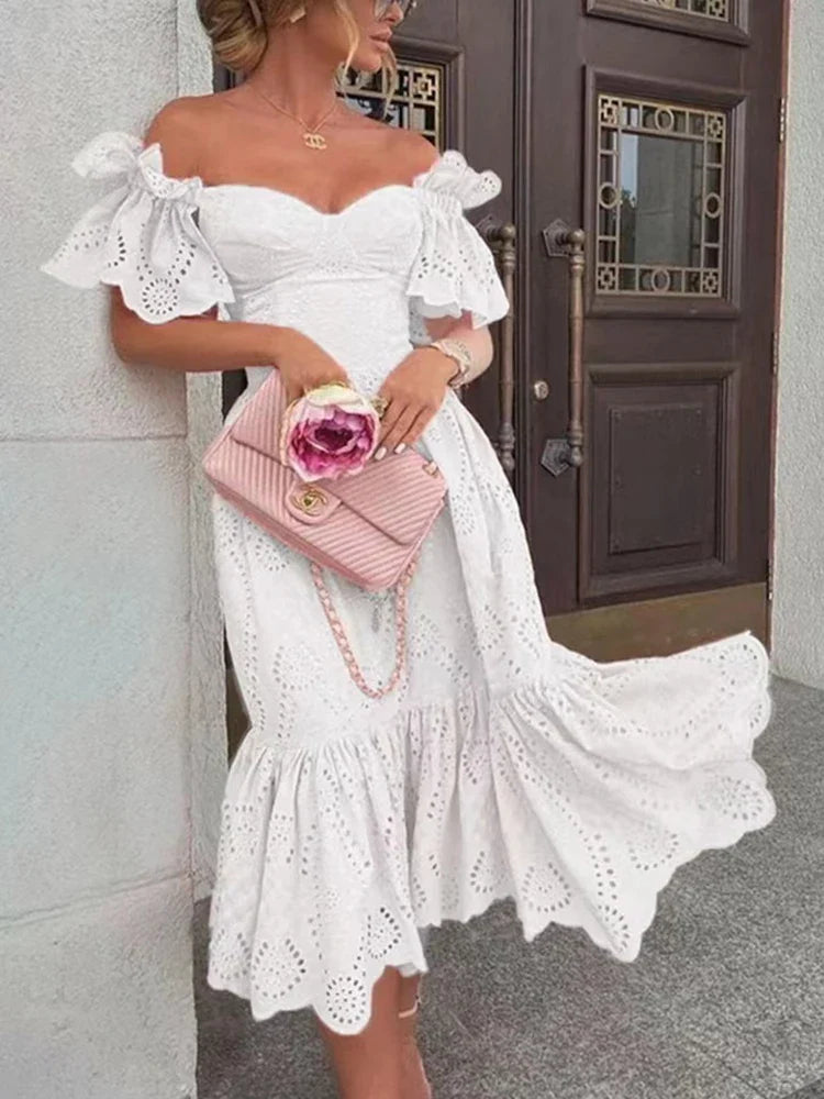 Saphira Vrouwen Sexy Off Shoulder Kant Lange Jurk