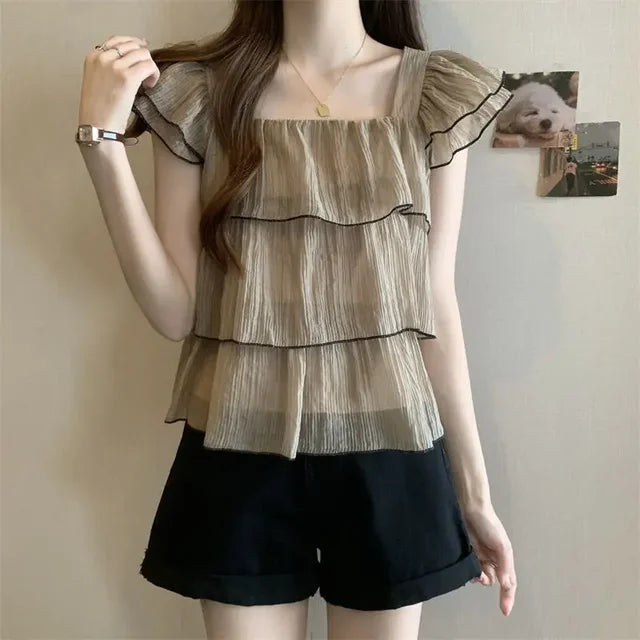 Bellissima Trendy Ruches Zoete Chic Blouse met Vierkante Kraag
