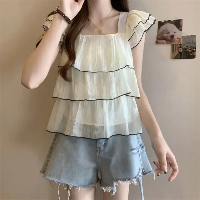 Bellissima Trendy Ruches Zoete Chic Blouse met Vierkante Kraag