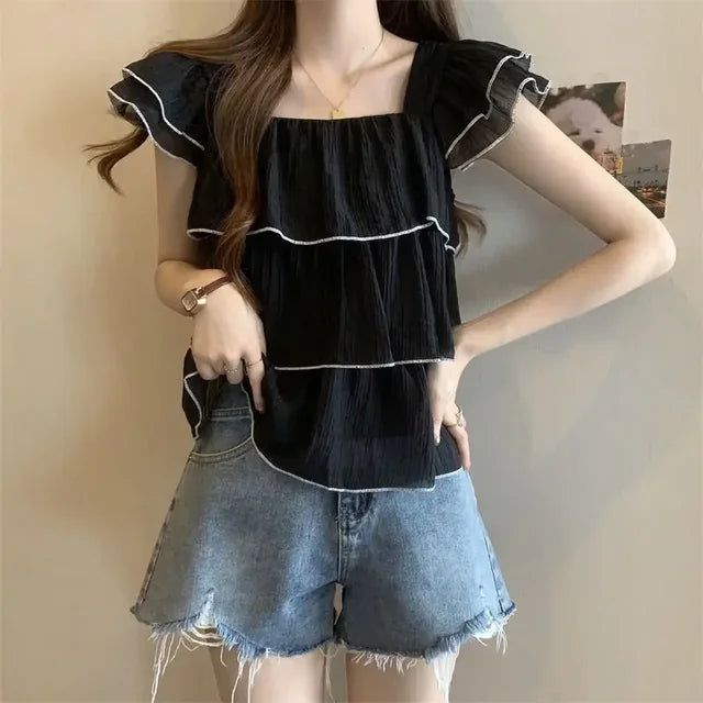 Bellissima Trendy Ruches Zoete Chic Blouse met Vierkante Kraag