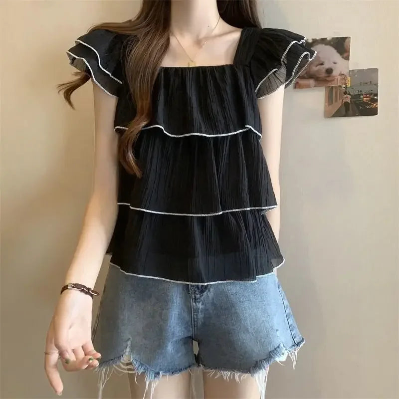 Bellissima Trendy Ruches Zoete Chic Blouse met Vierkante Kraag