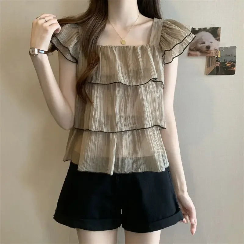 Bellissima Trendy Ruches Zoete Chic Blouse met Vierkante Kraag