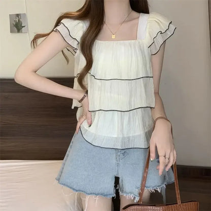 Bellissima Trendy Ruches Zoete Chic Blouse met Vierkante Kraag