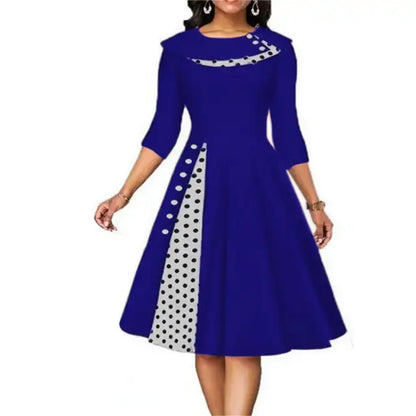 Vrouwen Vintage Polka Dot Jurk Lange Mouw Knopen Kantoor Rok Patchwork Avond Cocktail Party Taille Swing Jurk