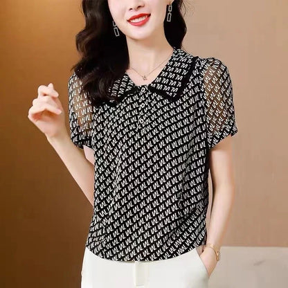 Stijlvolle Zomer Blouses - Casual Korte Mouw met Peter Pan Kraag en Bedrukte Letters