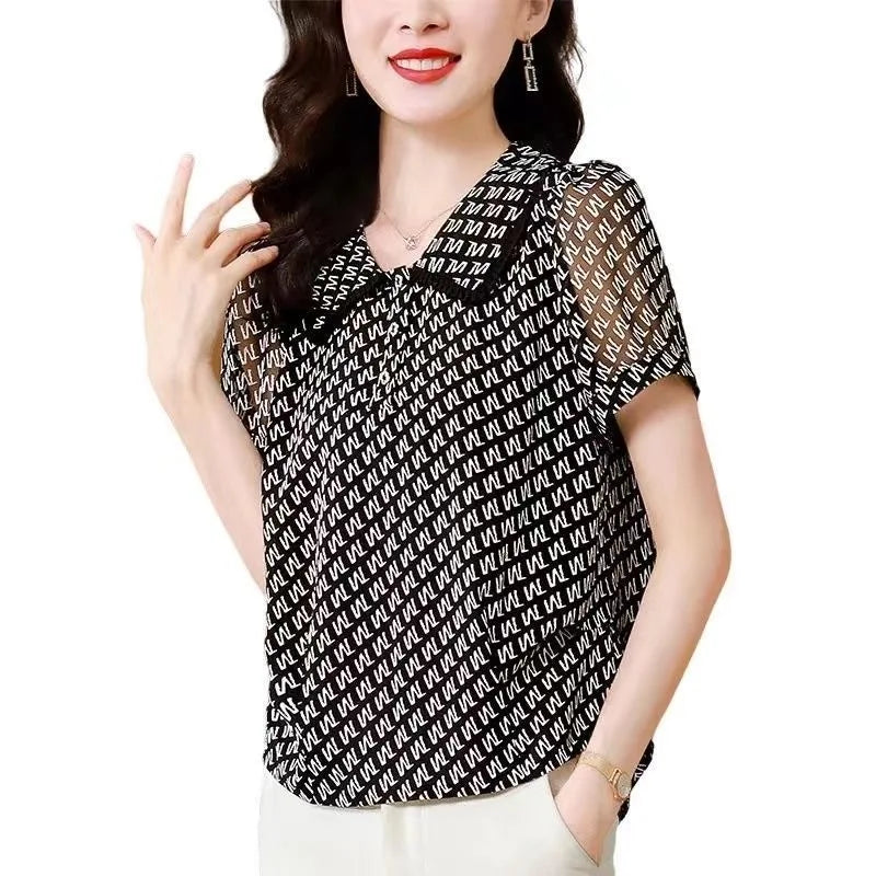 Stijlvolle Zomer Blouses - Casual Korte Mouw met Peter Pan Kraag en Bedrukte Letters
