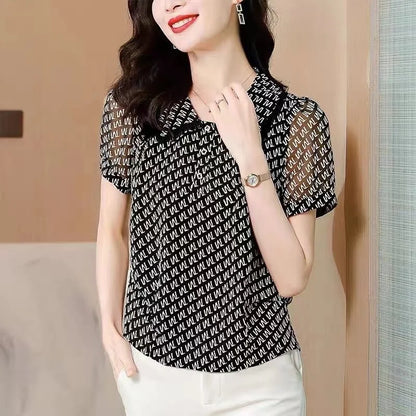 Stijlvolle Zomer Blouses - Casual Korte Mouw met Peter Pan Kraag en Bedrukte Letters