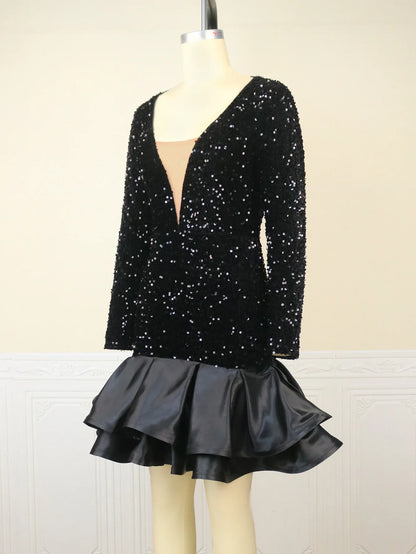 Betoverende Zwarte Fluweel Sequin Jurk voor Feestelijke Vrouwen