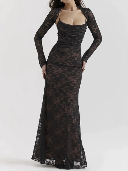 Jurk Maxi Met Kant en V-Neck - Zwarte Jurk voor Vrouw - Mode Vibes