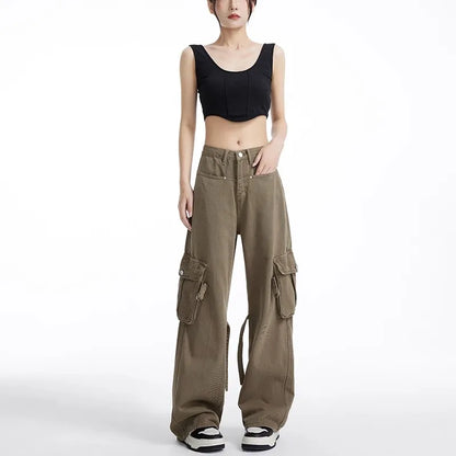 Amerikaanse Retro Khaki Cargo Broek voor Vrouwen