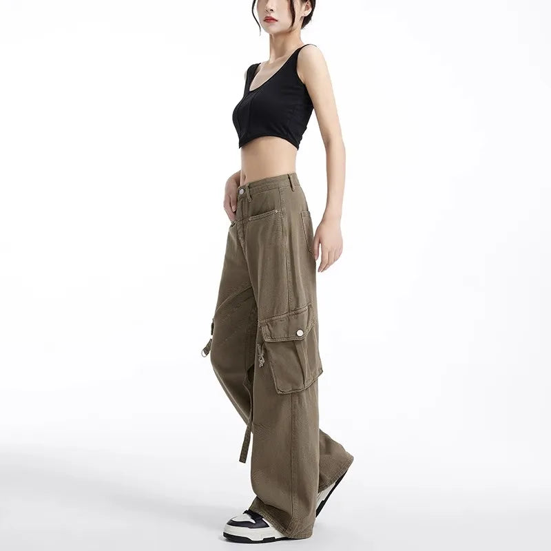 Amerikaanse Retro Khaki Cargo Broek voor Vrouwen