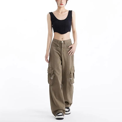 Amerikaanse Retro Khaki Cargo Broek voor Vrouwen
