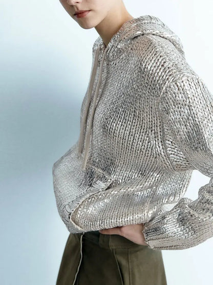 Glanzend Gebreide Hoodie Metallic Look Comfortabel
