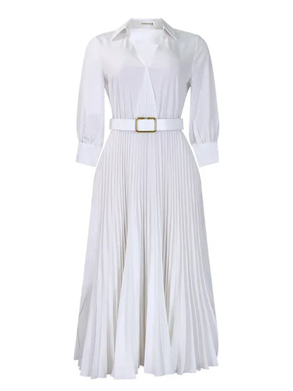 Stijlvolle V-hals Geplisseerde Maxi Jurk met Taille Riem