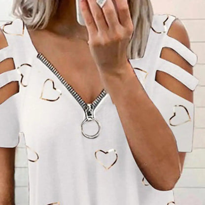 Radiant Chic Women's Summer Bliss V-Neck Low-Cut Hollowed Out Short Sleeve T-Shirt