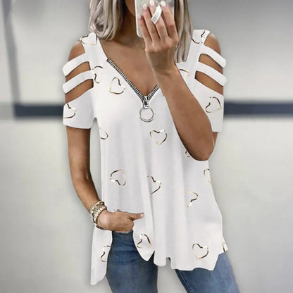 Radiant Chic Women's Summer Bliss V-Neck Low-Cut Hollowed Out Short Sleeve T-Shirt