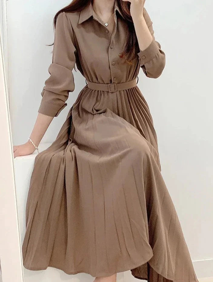 Frisse Bloesem Dameskleding Lente Elegante Lange Mouw Single-Breasted Hoge Taille Jurk