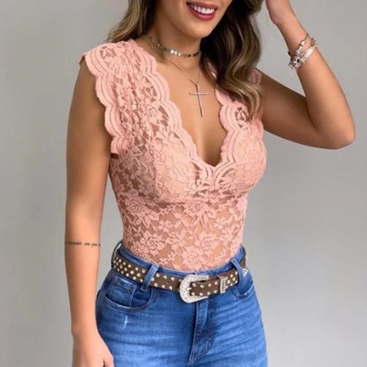 Mouwloze Kanten Top Slank Fit dames - Mode Vibes