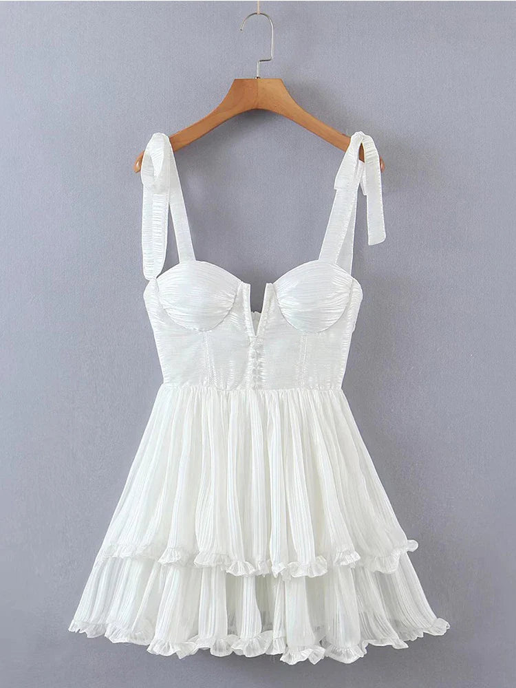 Yenkye Fashion Vrouwen Spaghetti Ruche Taart Chiffon Jurk