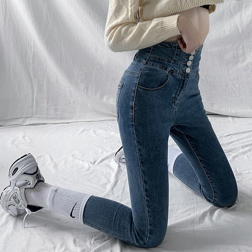 Dames Skinny Jeans – Hoge Taille & Vintage Knopen