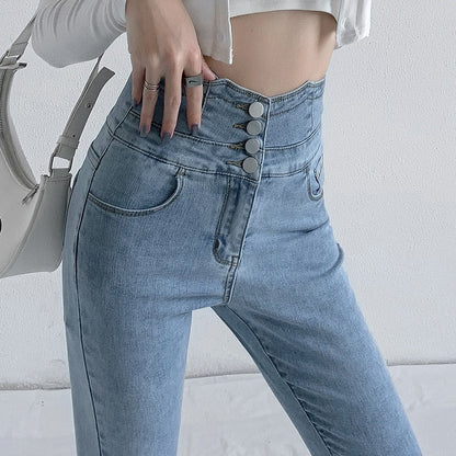 Dames Skinny Jeans – Hoge Taille & Vintage Knopen