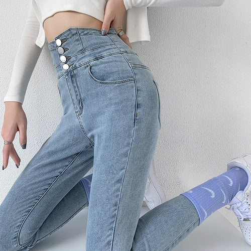 Dames Skinny Jeans – Hoge Taille & Vintage Knopen