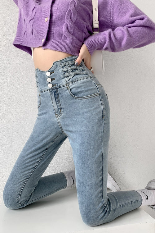 Dames Skinny Jeans – Hoge Taille & Vintage Knopen