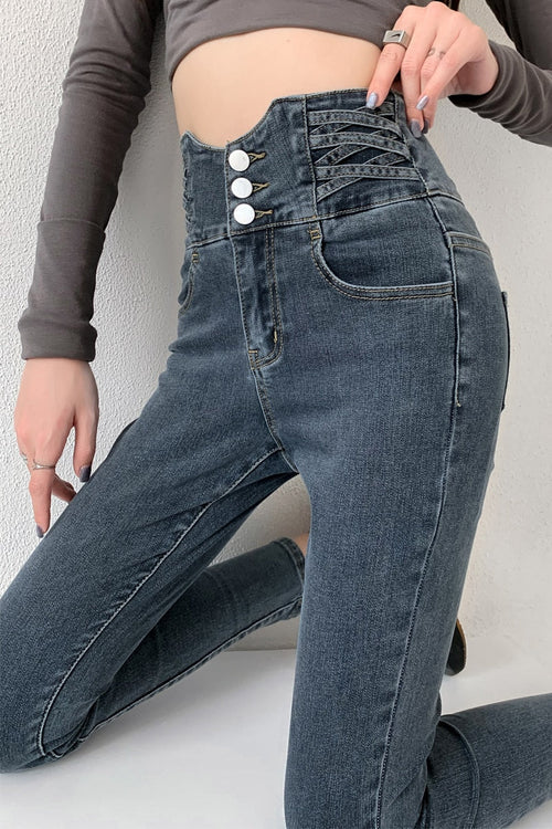 Dames Skinny Jeans Hoge Taille met Stretch en Vintage Knoop