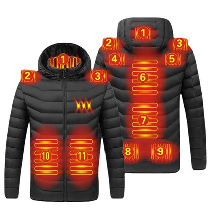 Infographic die een zwarte verwarmde jas toont met gelabelde verwarmingszones. De gebieden zijn genummerd van 1 tot 11, met gloeiende verwarmingspanelen op de schouders, borst, rug en zijkanten om een uitgebreide warmteverdeling door het hele lichaam te garanderen.
