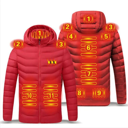 Infographic met een rode verwarmde jas met gelabelde verwarmingszones. De gebieden zijn genummerd van 1 tot 11, met gloeiende verwarmingspanelen op de schouders, borst, rug en zijkanten om een gelijkmatige warmte over het lichaam te bieden.